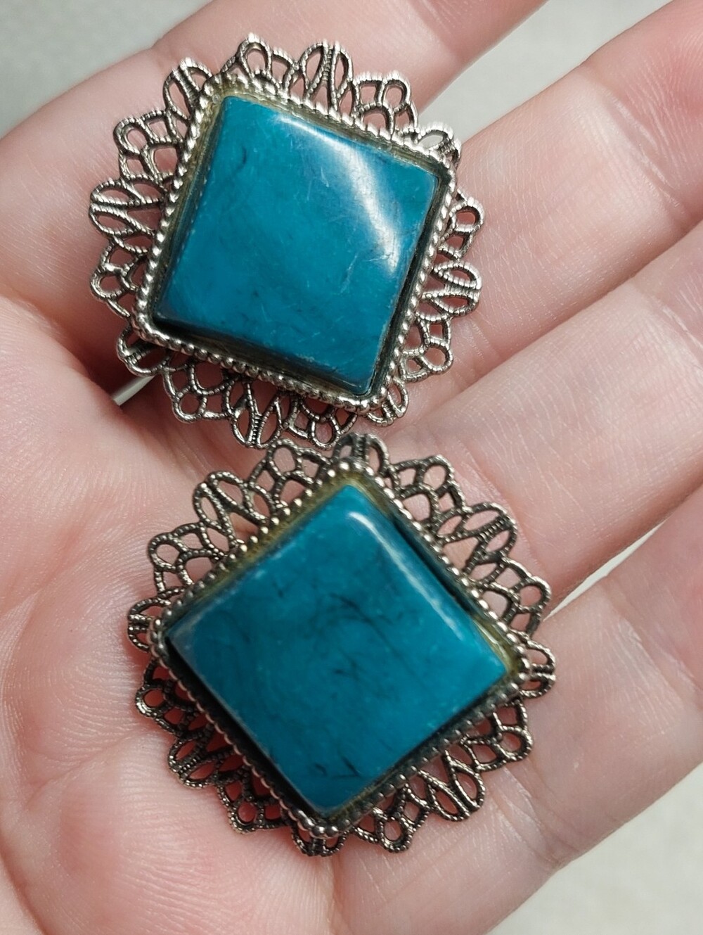 Turquoise Square Filigree Clip Statement Earrings